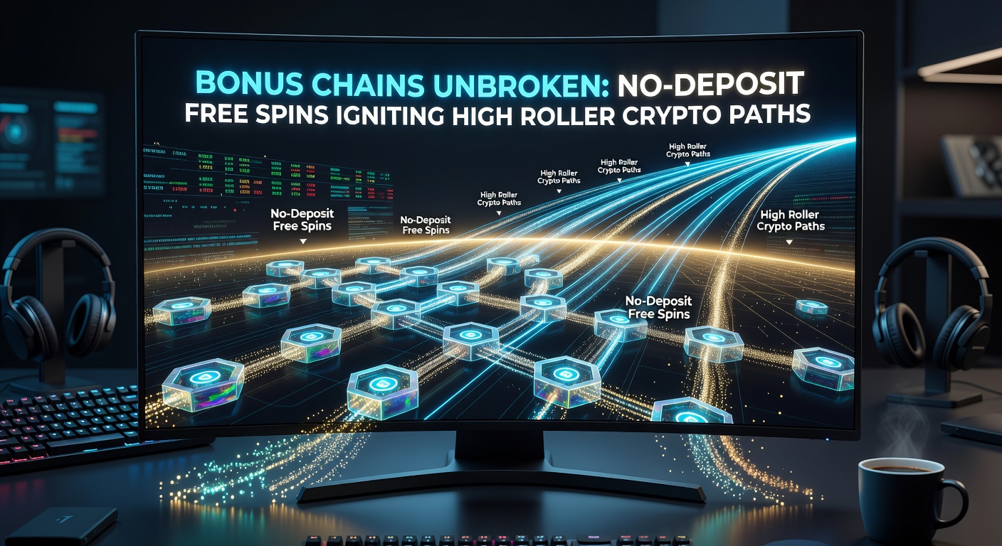 High roller at a crypto casino table surrounded by Bitcoin stacks, bonus multipliers, and unbroken chain links representing escalating rewards