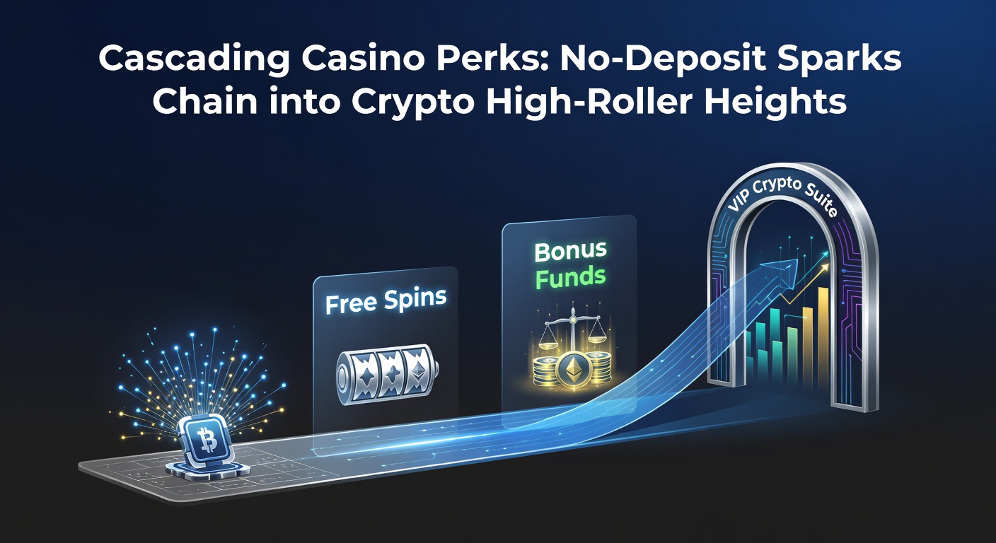 Online casino interface showing no-deposit bonus activation leading to loyalty tiers and crypto wallet integration