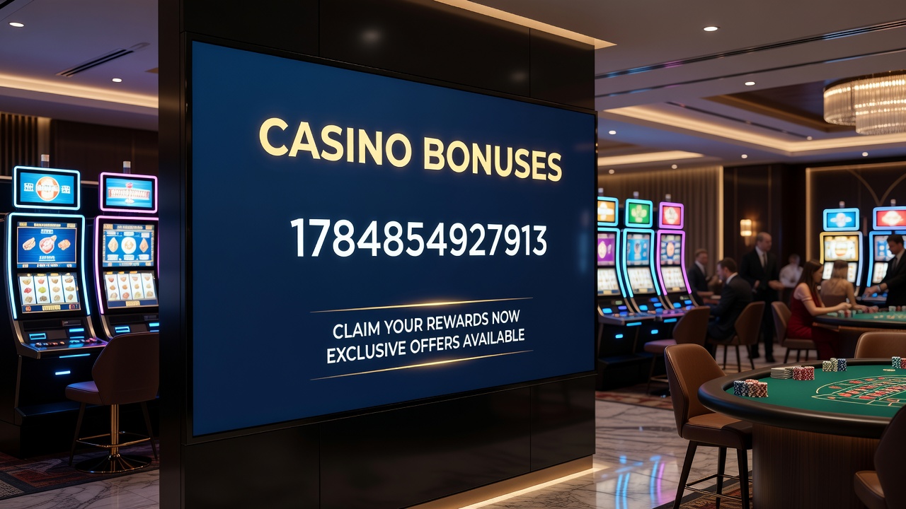 Casino gaming floor with promotional signage highlighting current bonus campaigns and player engagement areas