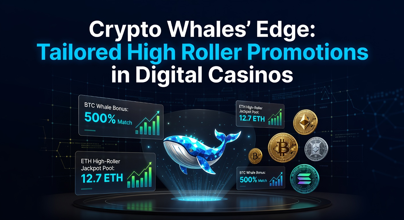 Digital casino interface showing cryptocurrency transactions and high-roller VIP promotions, with charts of whale betting activity