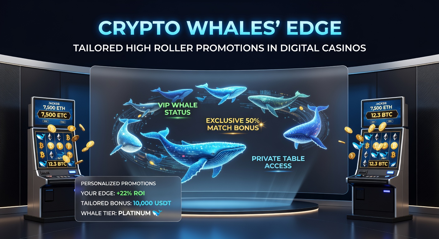 Illustration of a crypto whale navigating VIP perks in a digital casino, featuring personalized bonuses, private tables, and blockchain rewards