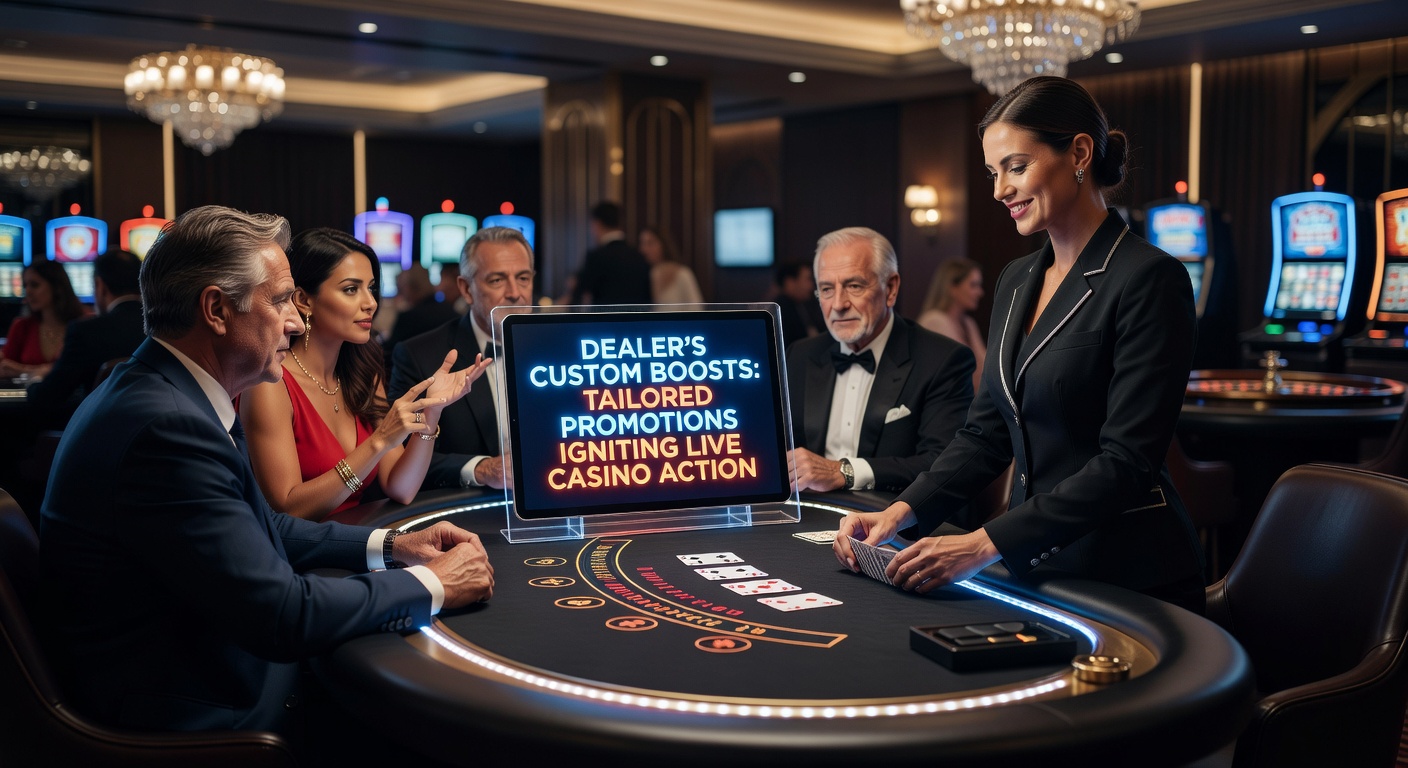 Live casino dealer interacting with players via personalized promotion screen, showing custom boost offers in real-time during a blackjack session
