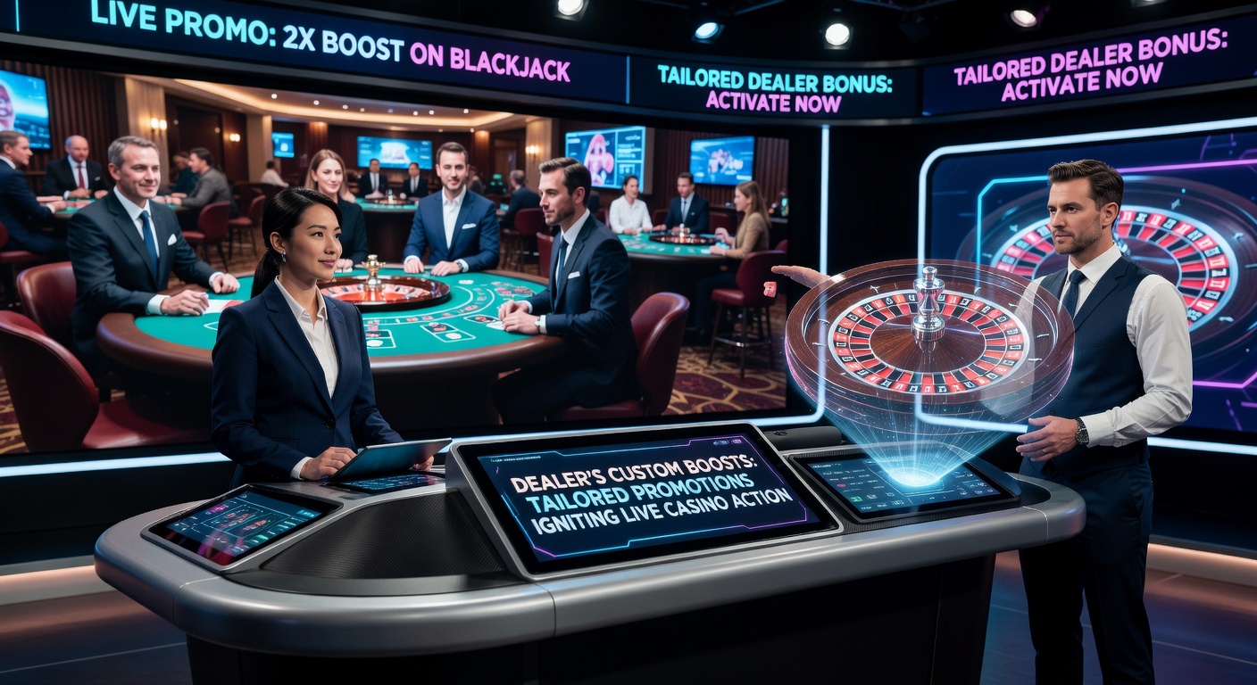 Close-up of a live dealer activating a custom boost promotion on a digital console during a baccarat game, with player stats and offer details visible on split-screen