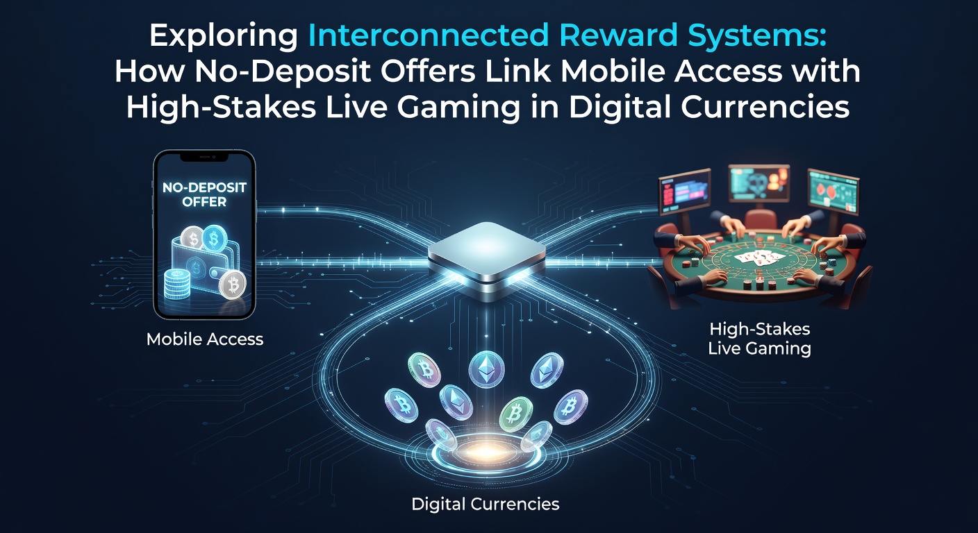 Mobile casino interface displaying no-deposit bonus offers connected to live dealer tables with digital currency icons