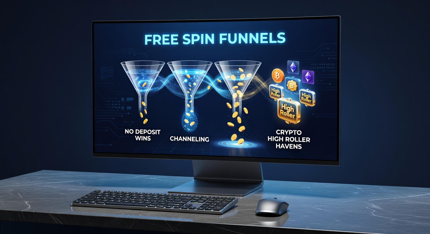 Digital funnel graphic showing free spins flowing into cryptocurrency high-roller icons, with upward arrows representing player progression and escalating bets