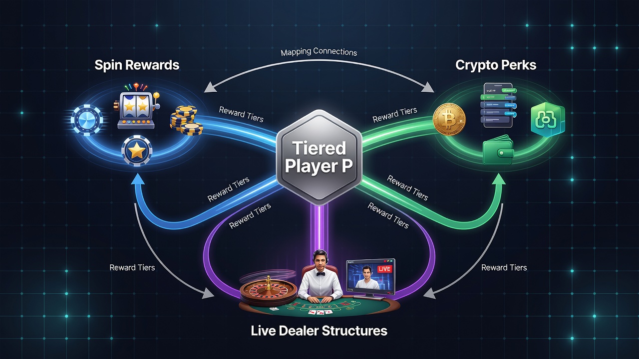 Illustration of live dealer integration with tiered progression fueled by spins and crypto