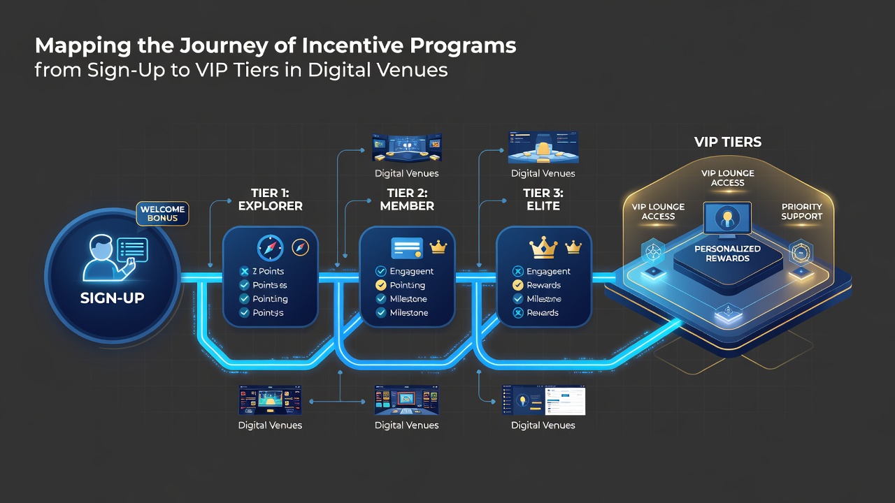 Illustration of tier progression in digital venues with points accumulation and VIP entry markers