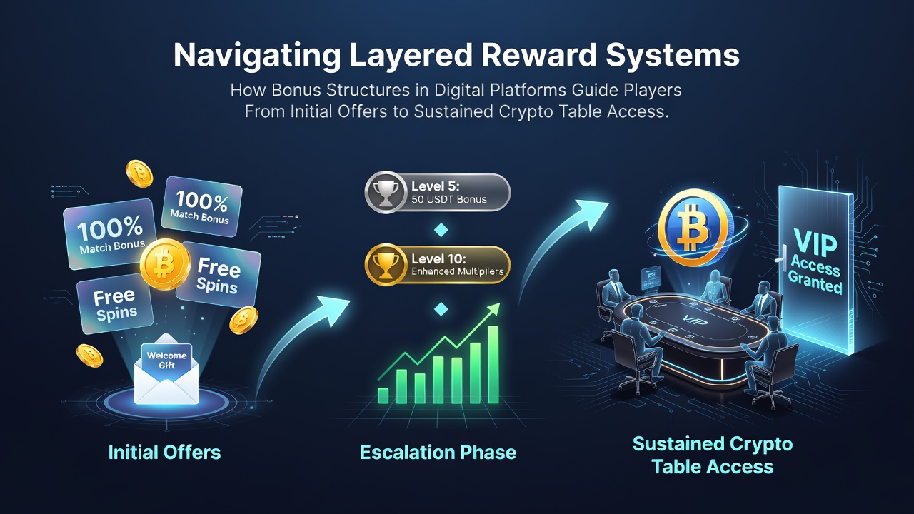 Diagram showing progression through layered bonus systems from entry-level offers to crypto VIP tables on digital platforms