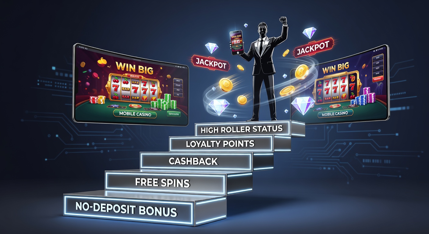 Mobile phone screen displaying a no-deposit bonus offer in a vibrant casino app, with slot reels spinning and bonus chips stacking up