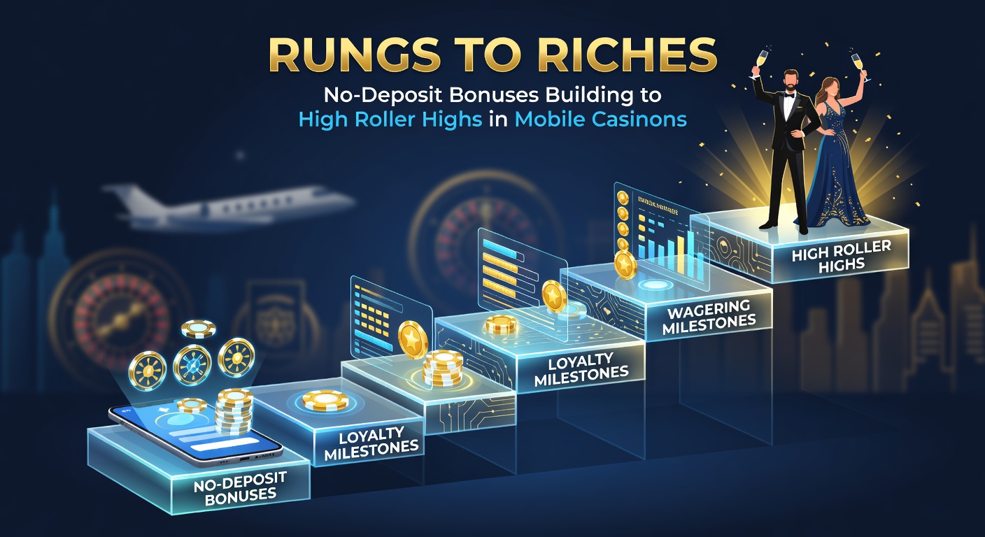 Infographic ladder illustrating progression from no-deposit bonus to high-roller VIP status, with icons for spins, chips, cashback, and luxury perks at each tier