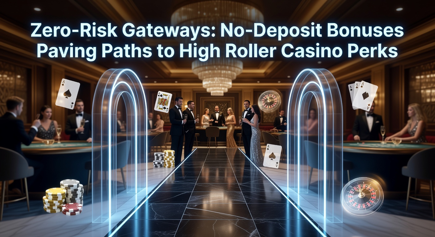 Casino player receiving no-deposit bonus on mobile device, transitioning to high-roller VIP perks illustration